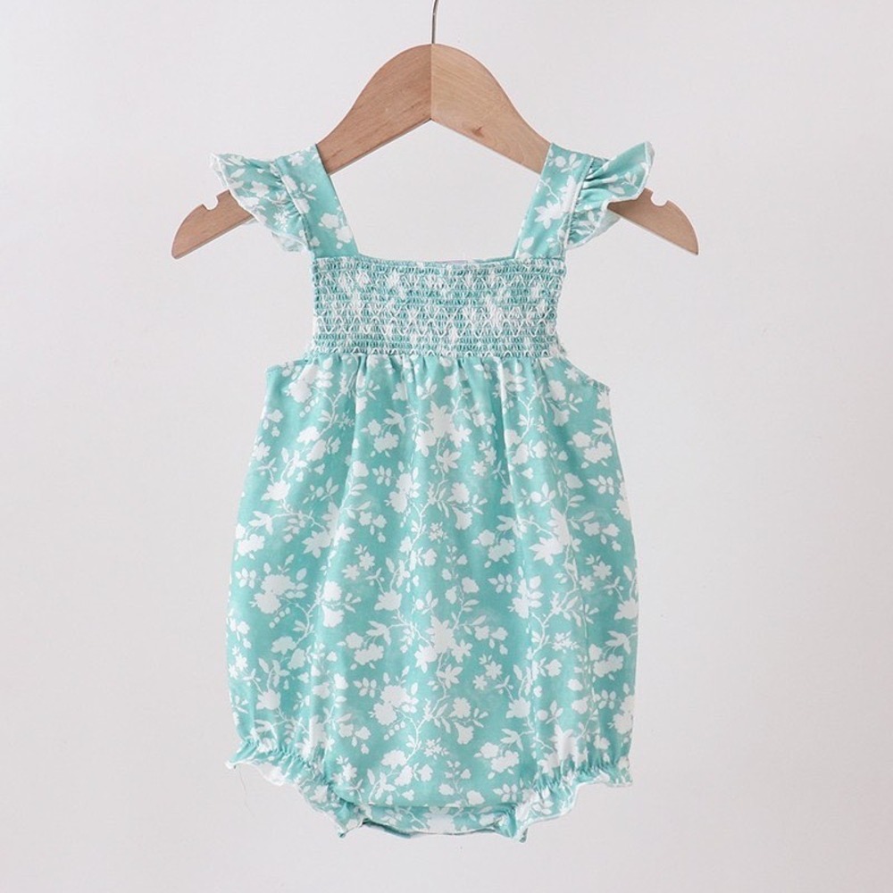 Abby & Evie Mint Green Floral Smocked Bubble Romper Ruffle Straps 12M NWT